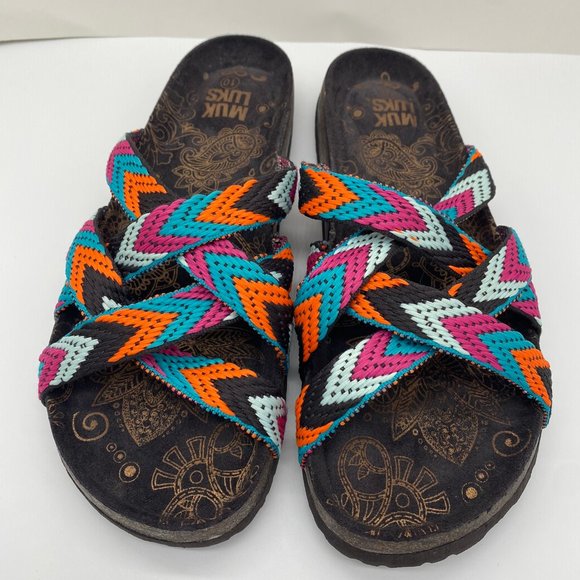 NEW Muk Luks Slip-on Sloan Slide Sandals Multicolor Bands Across Top Shoe SZ 10 - Picture 2 of 7